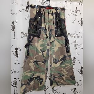 Size 3 Retro BNWT TRIPP NYC Camo Bondage Wide Leg Jeans Pants Fishnet
